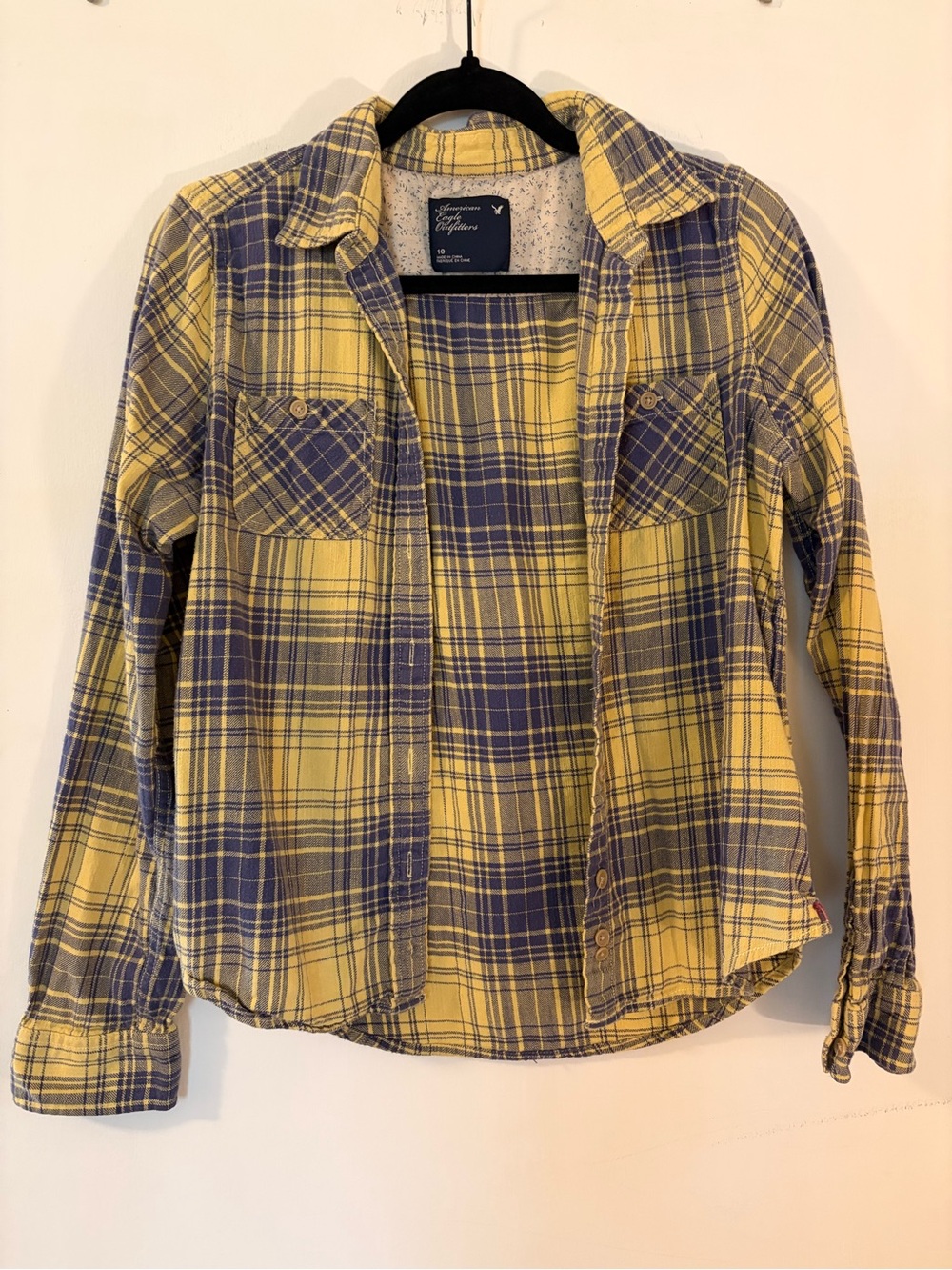 American Eagle Outfitters Plaid Button Down Shirt in Yellow & Blue 10 Medium